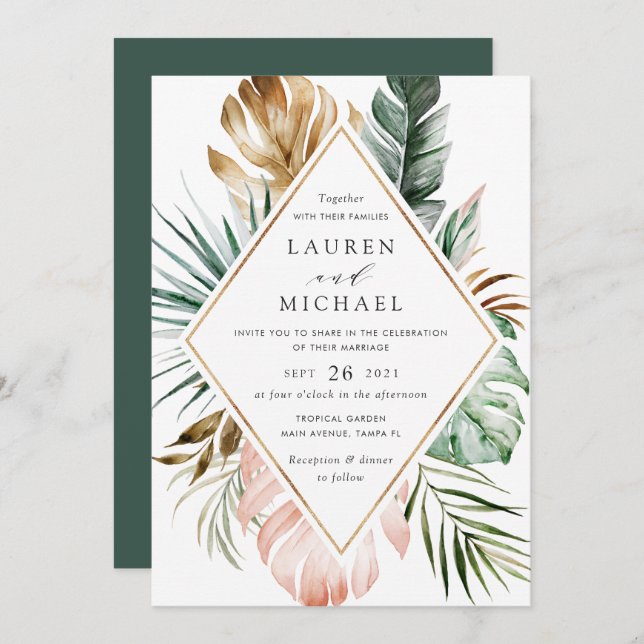 Tropical Modern Gold Palm Greenery Floral Blush Invitation (Front/Back)