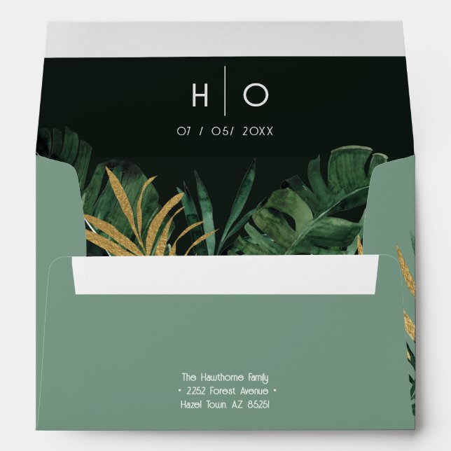 Tropical modern Palm leaves dusty green Wedding Envelope (Back (Bottom))