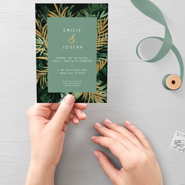 Tropical modern Palm leaves dusty green Wedding Invitation (Creator Uploaded)