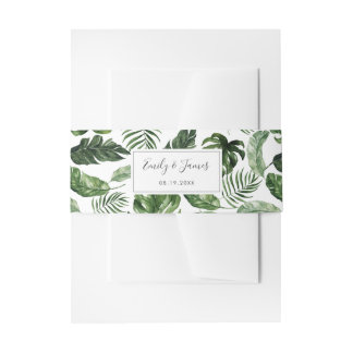 Tropical Modern Palm Philodendron Leaf Typography Invitation Belly Band