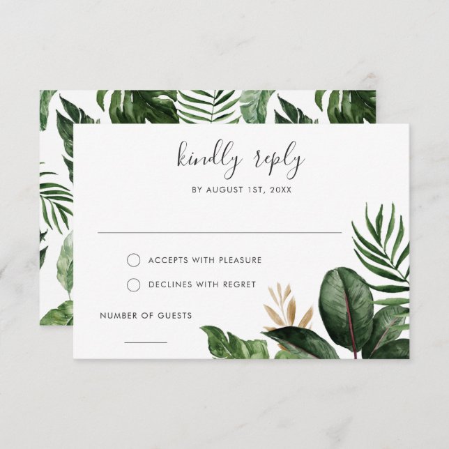 Tropical Modern Palm Rubber Tree Gold Leaf RSVP Invitation (Front/Back)