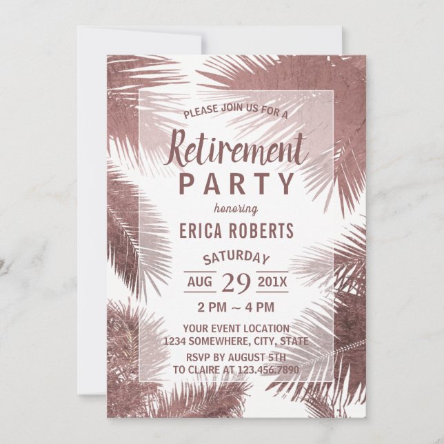 Tropical Modern Rose Gold Palm Beach Retirement Invitation (Front)