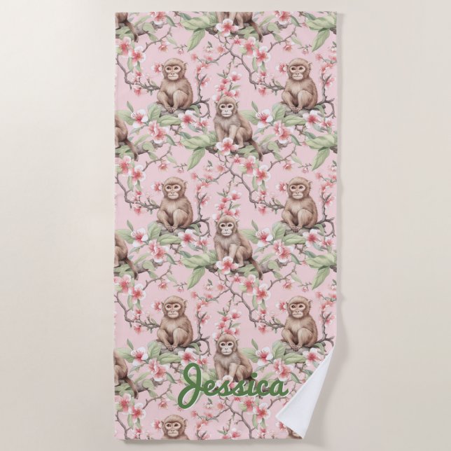 Tropical Monkey | Pink Personalised Beach Towel (Front)