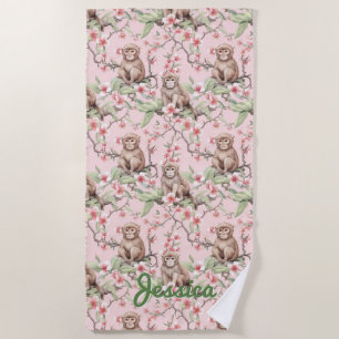 Tropical Monkey Pink Personalized Beach Towel