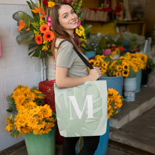 Tropical Monogram Green Palm Leaves Tote Bag