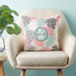 Tropical Monogram Inital Cushion<br><div class="desc">This modern monstera leaf print, graced with soothing pinks, teal (almost a seafoam green), white, and grey, invites a sense of tranquillity and contemporary elegance. This pattern serves as a stylish and versatile addition to your life. Customise the monogram and name to your own (you can use first or last)....</div>
