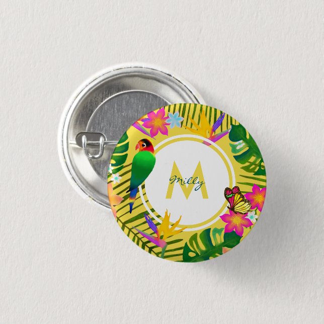 Tropical Monogram Jungle Flowers Yellow Monogram 3 Cm Round Badge (Front & Back)