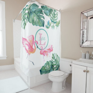 Tropical Monogram Pink Flamingo Bathroom Decor Shower Curtain