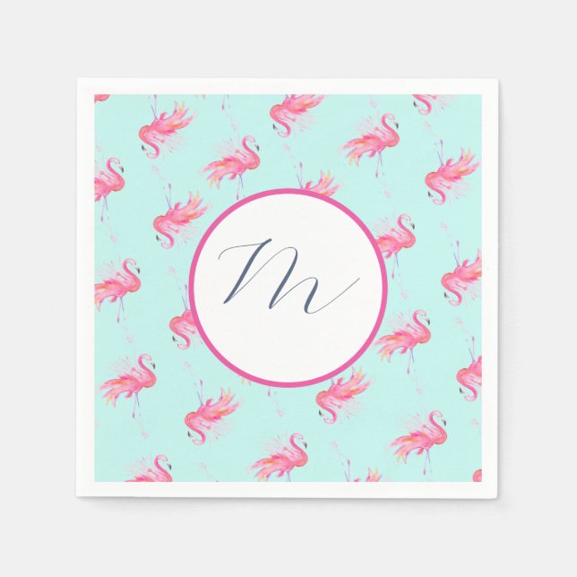 Tropical Monogram Pink Flamingo Watercolor Napkin (Front)