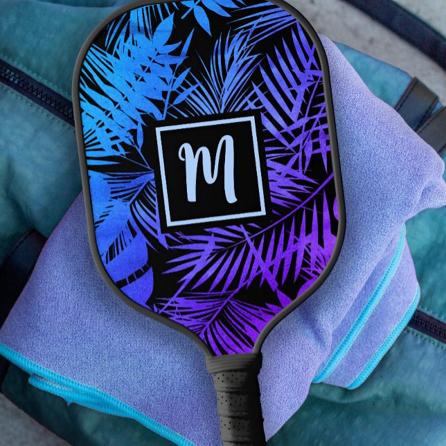 Tropical Monogram Purple Blue Palm Leaf Pattern Pickleball Paddle (Creator Uploaded)