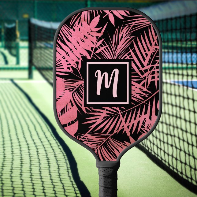 Tropical Monogram Rose Pink Palm Leaf Bold Modern Pickleball Paddle (Creator Uploaded)