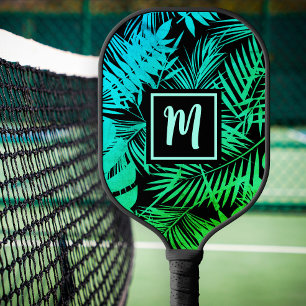 Tropical Monogram Teal Green Ombre Palm Modern Pickleball Paddle