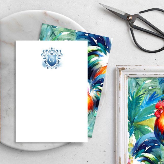 Tropical Monogram Thank You Cards Majestic Crest (Monogrammed Watercolor Crest Key West Inspired Sol the rooster thank you cards sustainable weddings)