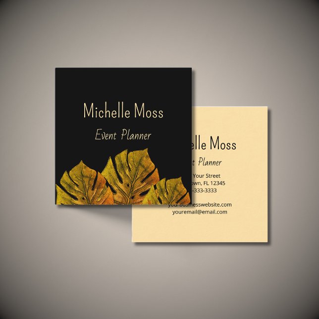 Tropical Monstara Palm Leaves Elegant Black Gold Square Business Card (Creator Uploaded)