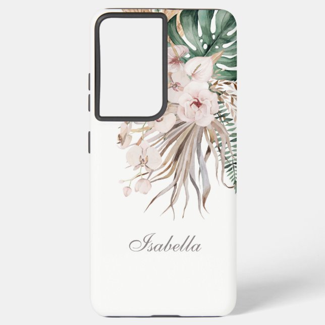 Tropical Monstera and Orchid Custom Name Samsung Galaxy S21 Ultra Case (Back)