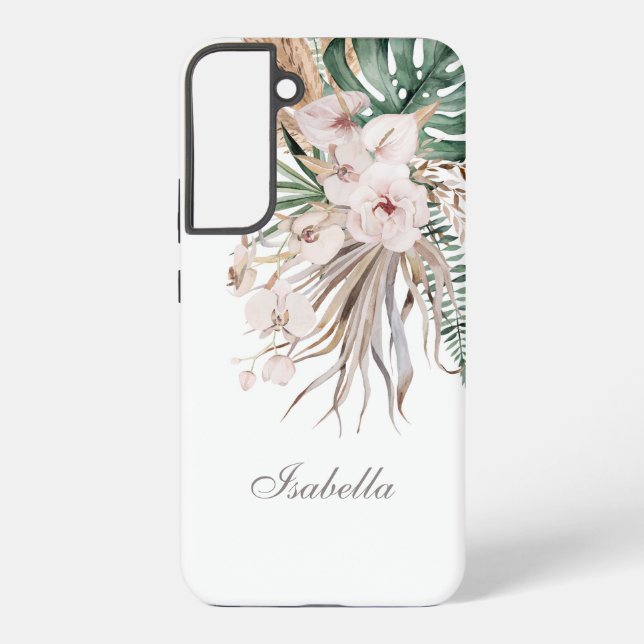 Tropical Monstera and Orchid Custom Name Samsung Galaxy S22+ Case (Back)