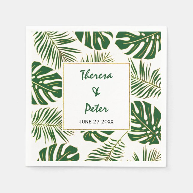 Tropical monstera and palm leaves modern wedding napkin (Front)
