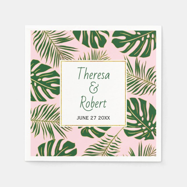 Tropical monstera and palm leaves pink wedding napkin (Front)