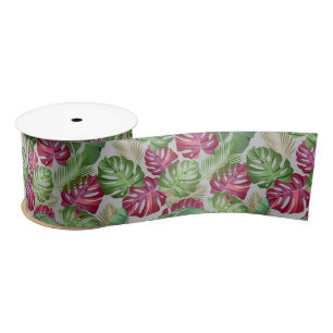 Tropical Monstera and Palm Leaves Satin Ribbon