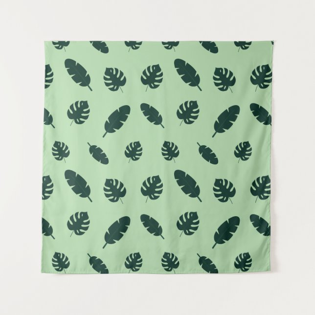 Tropical Monstera and Palm Leaves Seamless Pattern Tapestry (Front)