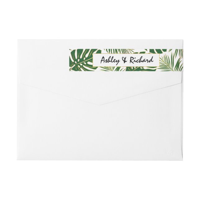 Tropical monstera and palm leaves wedding wrap around label (Back)