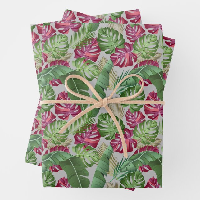 Tropical Monstera and Palm Leaves Wrapping Paper Sheet (In situ)
