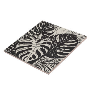 Tropical Monstera art black and white Tile