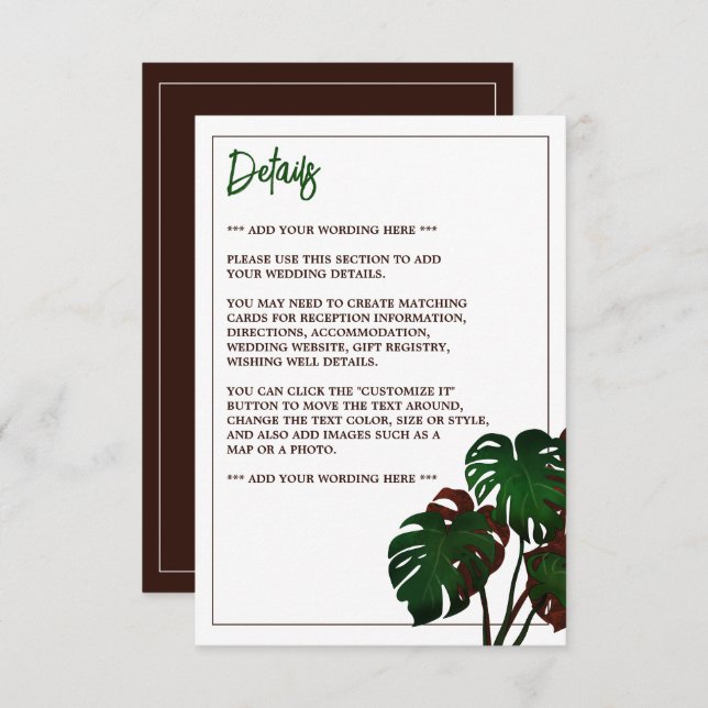 Tropical Monstera Beach Wedding Detail Enclosure Card (Front/Back)