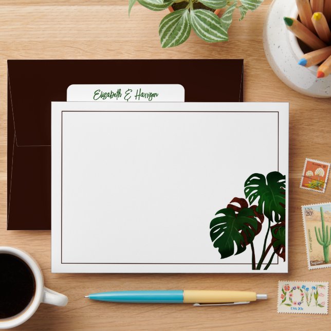 Tropical Monstera Beach Wedding Envelope (Desk)