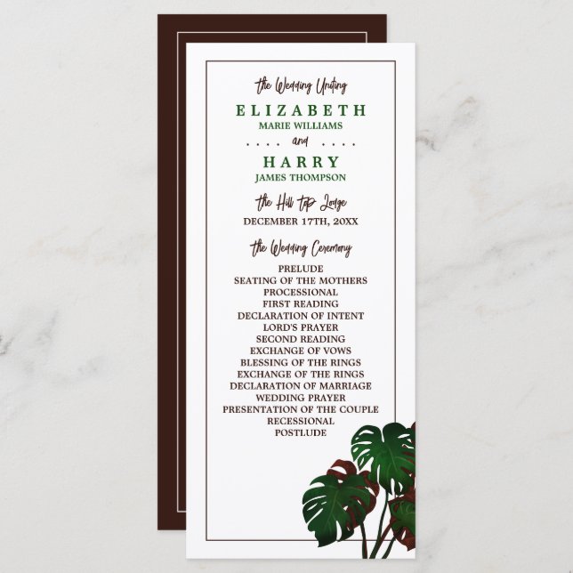 Tropical Monstera Beach Wedding Programme (Front/Back)