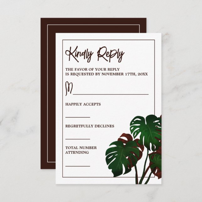 Tropical Monstera Beach Wedding RSVP Card (Front/Back)