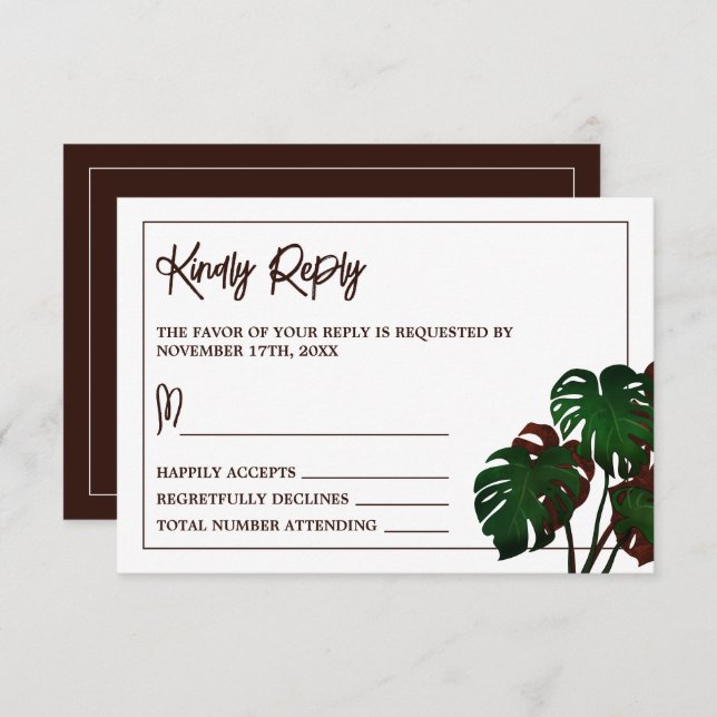 Tropical Monstera Beach Wedding RSVP Card (Front/Back)