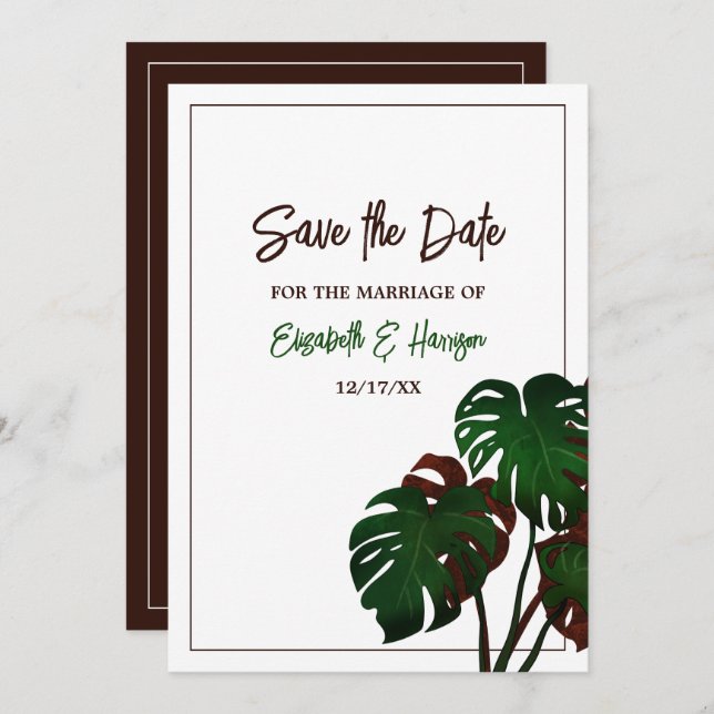 Tropical Monstera Beach Wedding Save The Date (Front/Back)