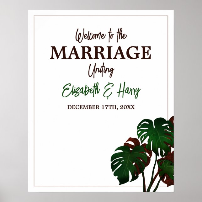 Tropical Monstera Beach Wedding Welcome Poster (Front)