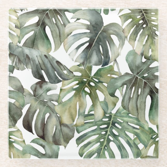 Tropical Monstera Big Watercolor Pattern Glass Coaster (Front)