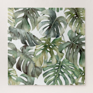 Tropical Monstera Big Watercolor Pattern Jigsaw Puzzle