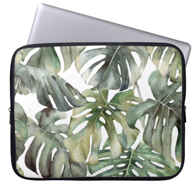 Tropical Monstera Big Watercolor Pattern Laptop Sleeve (Front)