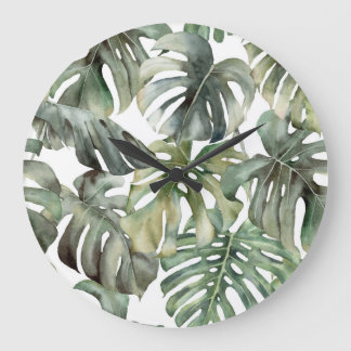 Tropical Monstera Big Watercolor Pattern Large Clock