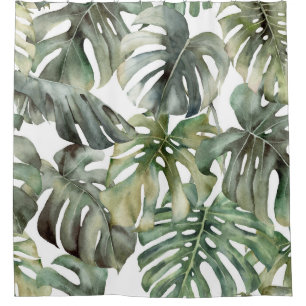 Tropical Monstera Big Watercolor Pattern Shower Curtain