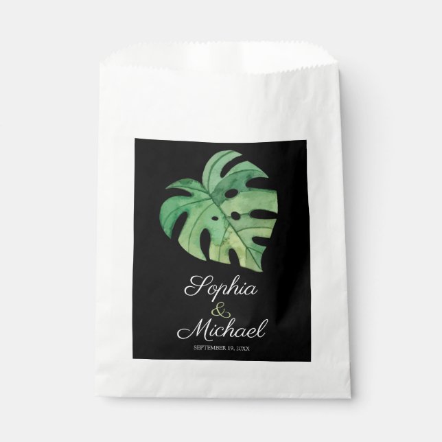 Tropical Monstera Black Wedding Favour Bags (Front)