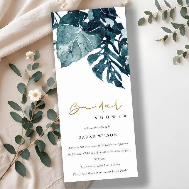 Tropical Monstera Blue Foliage Bridal Shower Invitation (Creator Uploaded)
