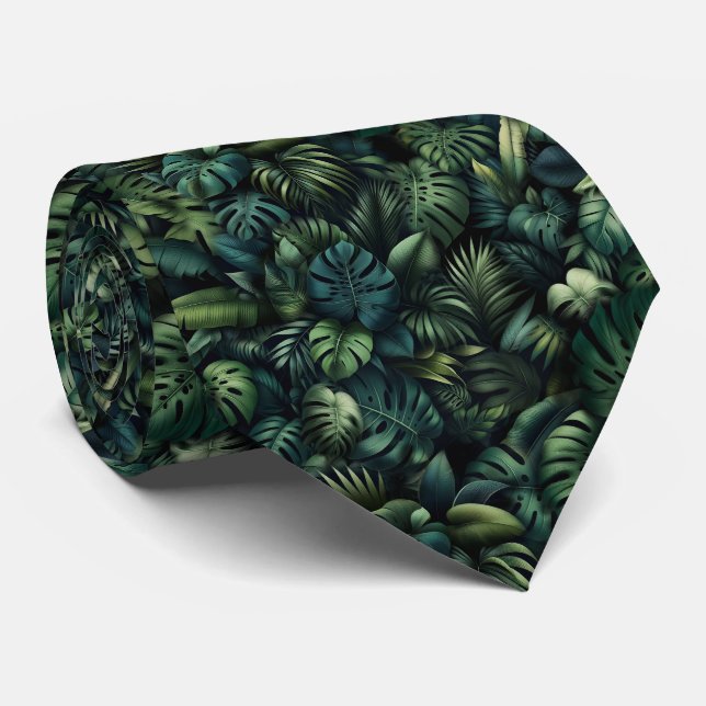 Tropical Monstera Botanical Green Jungle Print Tie (Rolled)