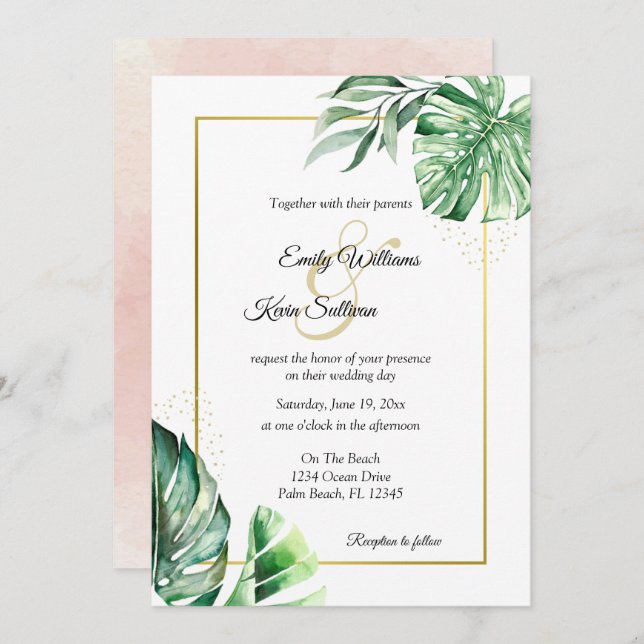 Tropical Monstera Botanicals & Gold | Wedding Invitation (Front/Back)