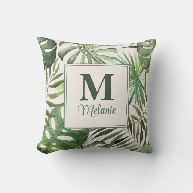 Tropical Monstera Custom Name and Initial Cushion (Front)