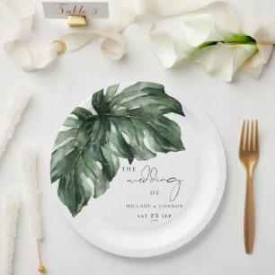Tropical Monstera elegant wedding Paper Plate