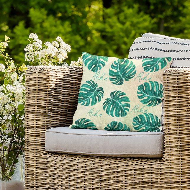 Tropical monstera emerald green palm leaves aloha cushion (Creator Uploaded)
