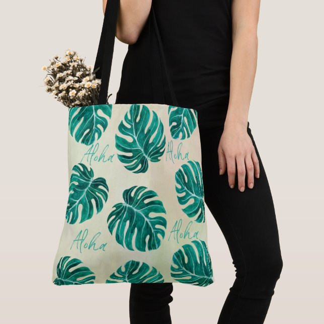 Tropical monstera emerald green palm leaves aloha tote bag (Close Up)