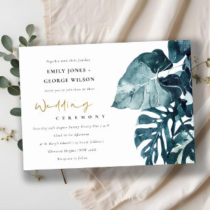 Tropical Monstera Foliage Blue Wedding Invite