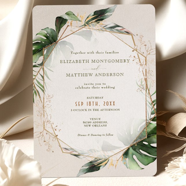 Tropical Monstera Gold Green Watercolor Wedding Invitation (Creator Uploaded)
