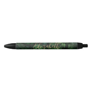 Tropical Monstera Gold Script Name Black Ink Pen